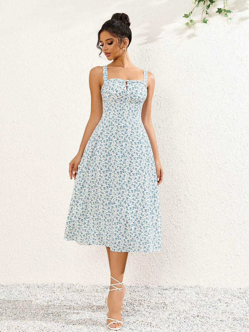 Button Bust Ruched Floral Print Midi Dress | Wedding Guest Dress, Vacation Dress