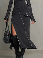 Load image into Gallery viewer, Women's Dark Grey Turtleneck Two Piece Set Zipper Pocket Skirt
