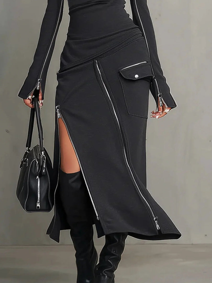 Women's Dark Grey Turtleneck Two Piece Set Zipper Pocket Skirt