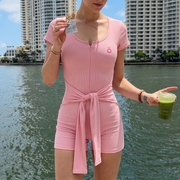 Claudia Dual-Function Cape Tie-Waist Romper - In Pink
