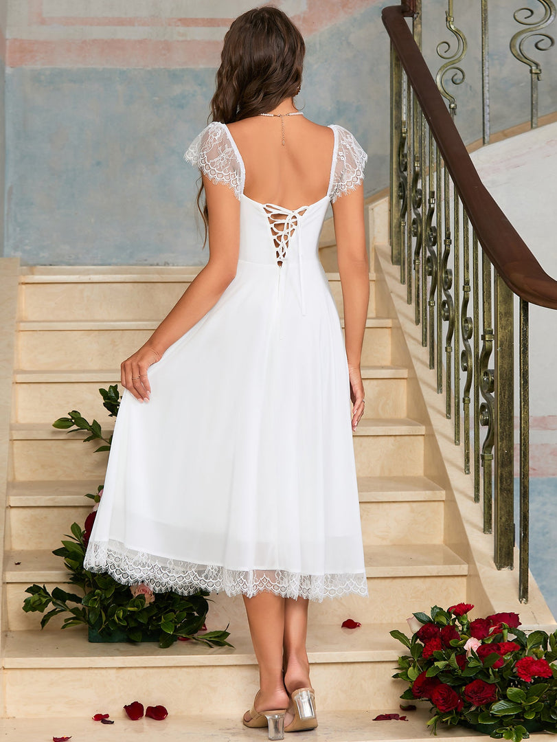 Contrast Lace Ruched Bust Square Neck Dress | Wedding Guest Dress
