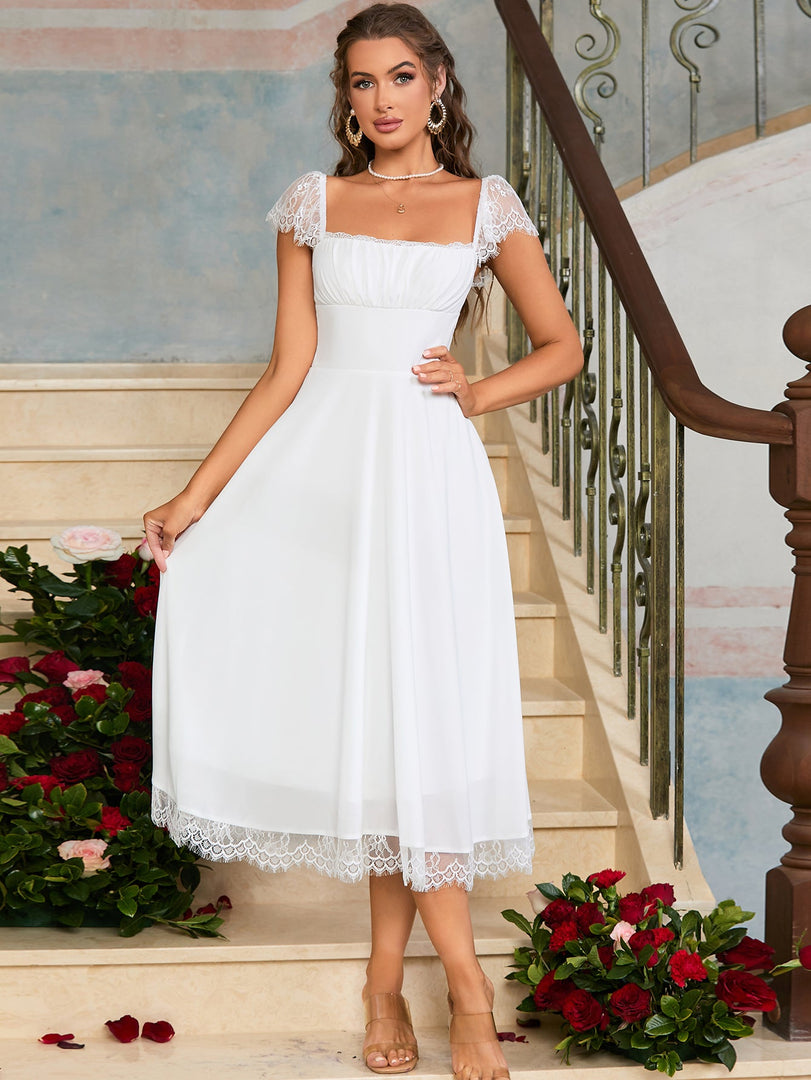 Contrast Lace Ruched Bust Square Neck Dress | Wedding Guest Dress