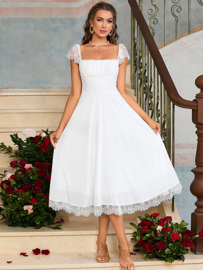 Contrast Lace Ruched Bust Square Neck Dress | Wedding Guest Dress