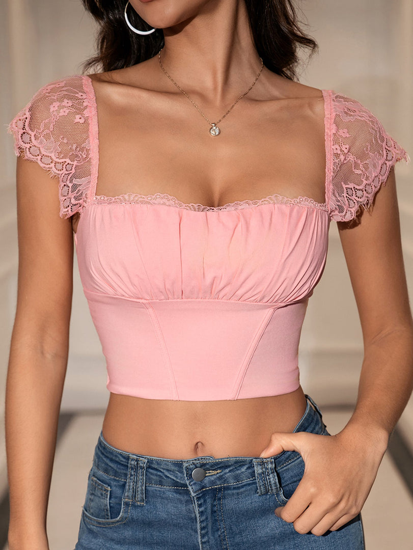 Contrast Lace Ruched Bust Square Neck Crop Top | Formal Event Top