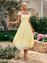 Contrast Lace Ruched Bust Square Neck Dress | Wedding Guest Dress