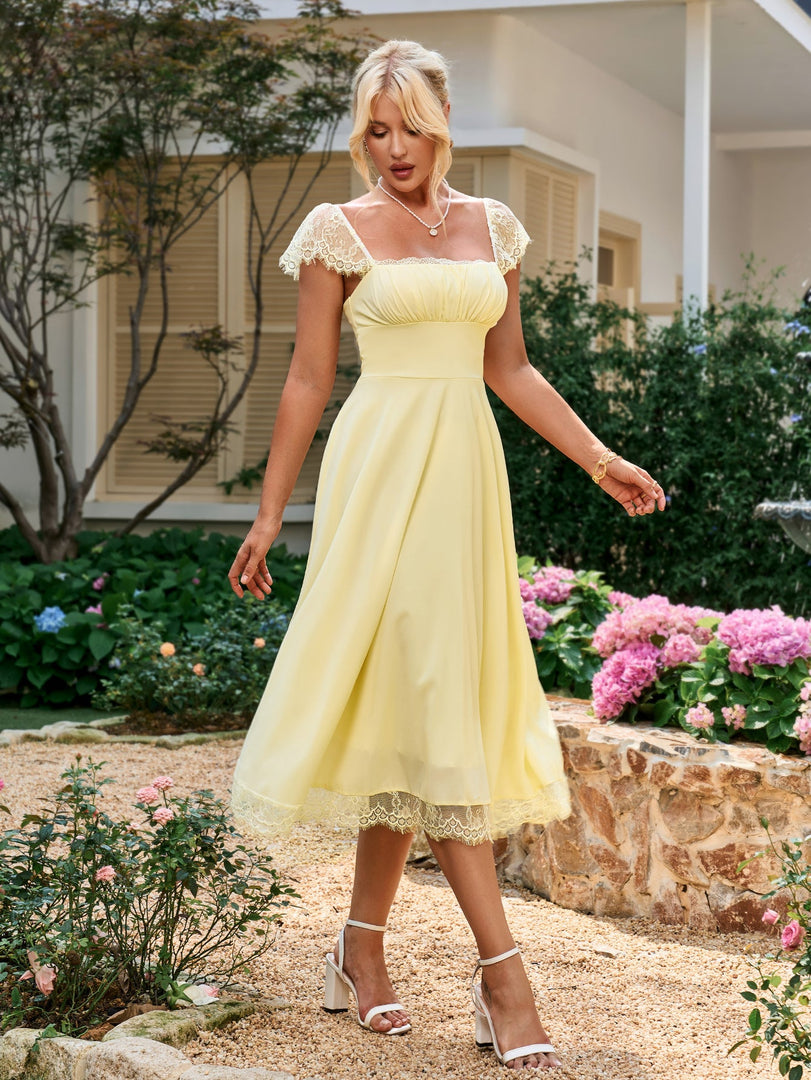 Contrast Lace Ruched Bust Square Neck Dress | Wedding Guest Dress