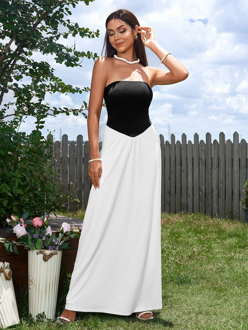Contrast Ruched Waist Tube Maxi Dress | Prom Dress, Formal Dress