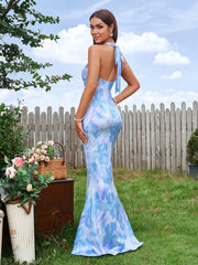 Cowl Neck Halter Floral Print Mermaid Bodycon Dress | Wedding Guest Dress, Vacation Dress