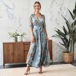 Load image into Gallery viewer, Elegant Blue Floral Wrap Maxi Dress for Women with V-Neck Puff Sleeve Tie Waist Casual Wedding Guest Style
