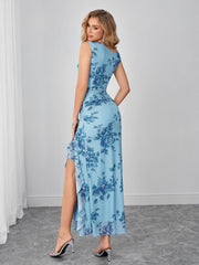 Crew Neck Asymmetrical Hem Floral Print Mesh Dress | Vacation Dress, Wedding Guest Dress