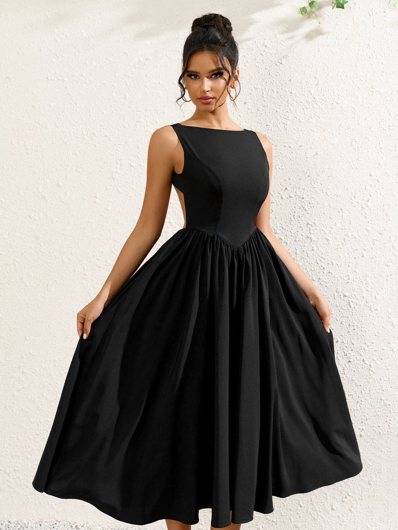 Crew Neck Backless Cut Out Ruched Solid Dress | Bridesmaid Dress