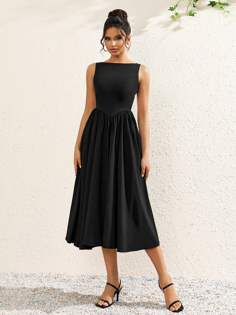 Crew Neck Backless Cut Out Ruched Solid Dress | Bridesmaid Dress