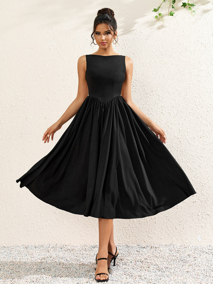 Crew Neck Backless Cut Out Ruched Solid Dress | Bridesmaid Dress