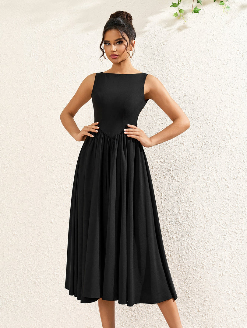Crew Neck Backless Cut Out Ruched Solid Dress | Bridesmaid Dress