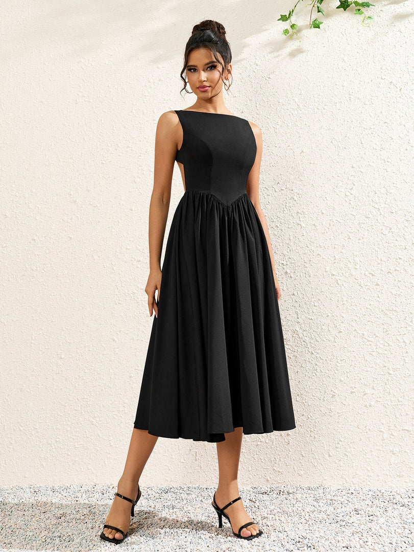 Crew Neck Backless Cut Out Ruched Solid Dress | Bridesmaid Dress