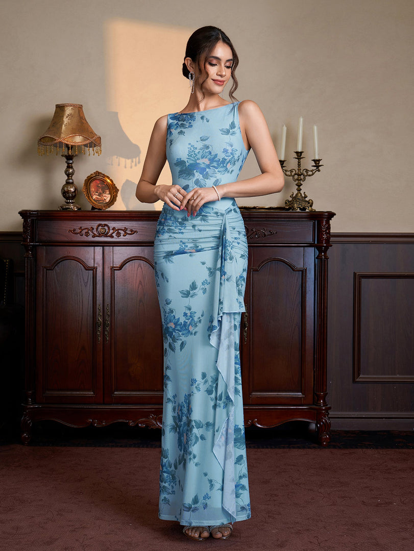 Crew Neck Ruched Ribbon Trim Floral Print Mesh Dress | Vacation Dress, Wedding Guest Dress