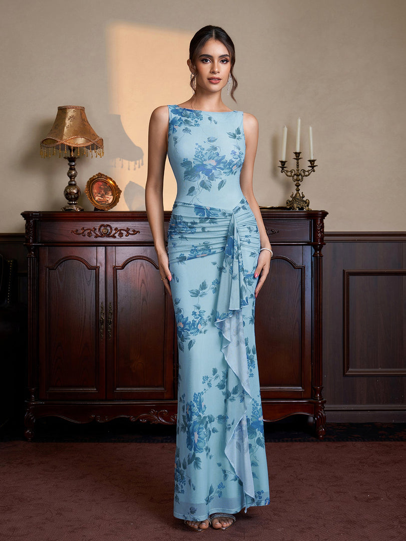 Crew Neck Ruched Ribbon Trim Floral Print Mesh Dress | Vacation Dress, Wedding Guest Dress