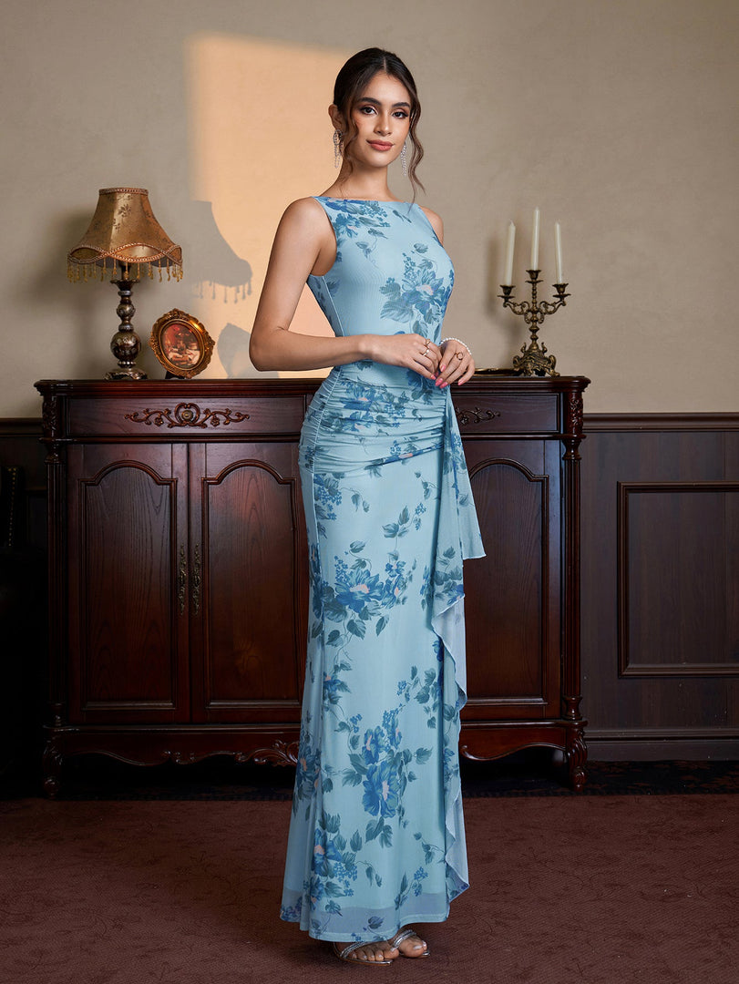 Crew Neck Ruched Ribbon Trim Floral Print Mesh Dress | Vacation Dress, Wedding Guest Dress