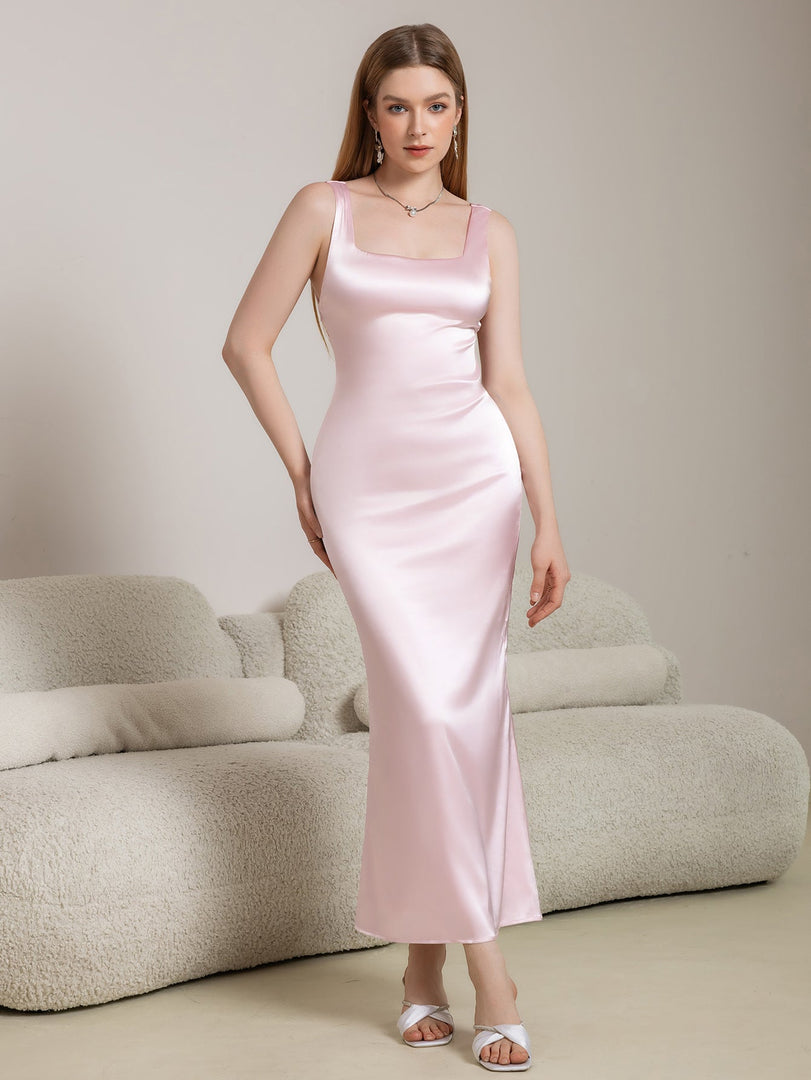 Crisscross Back Square Neck Satin Long Dress | Bridesmaid Dress