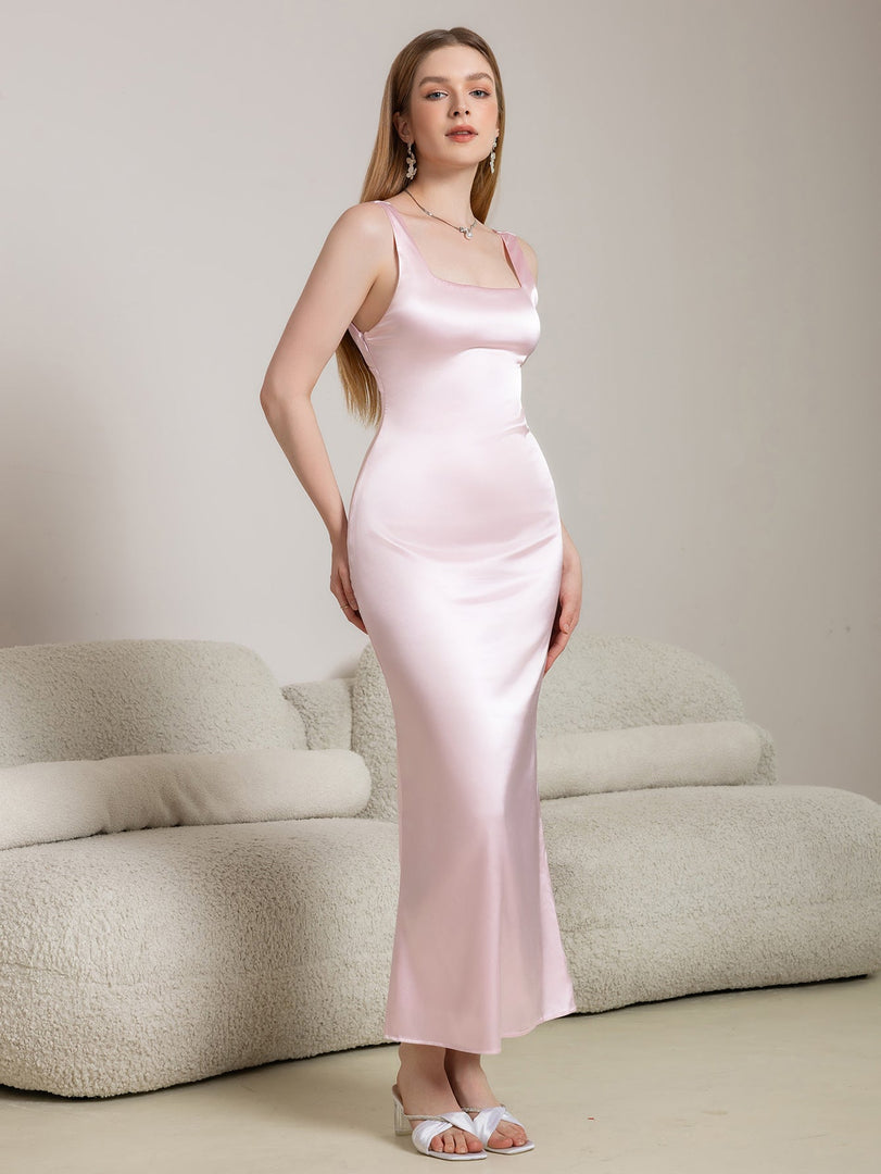 Crisscross Back Square Neck Satin Long Dress | Bridesmaid Dress