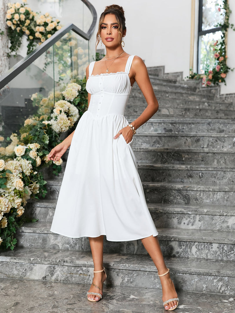 Crisscross Tie Back Button Pocket Solid Dress | Bridesmaid Dress