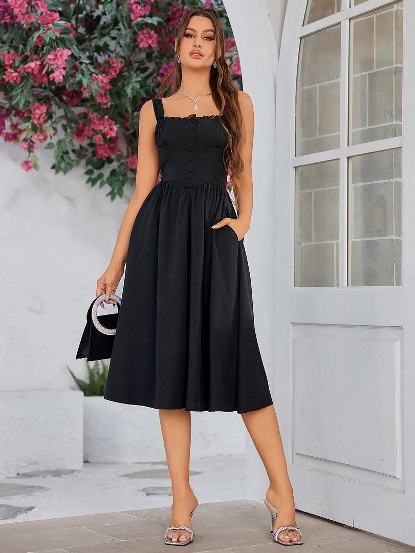 Crisscross Tie Back Button Pocket Solid Dress | Bridesmaid Dress