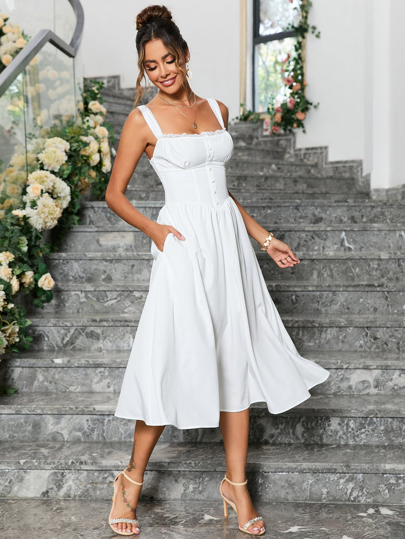 Crisscross Tie Back Button Pocket Solid Dress | Bridesmaid Dress