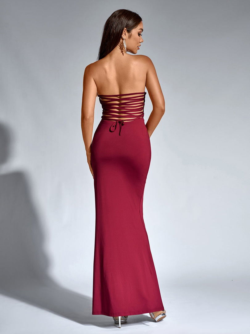 Crisscross Tie Back Split Thigh Ruched Tube Dress | Wedding Guest Dress