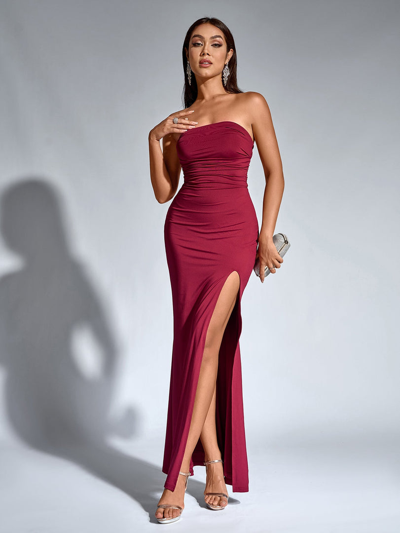 Crisscross Tie Back Split Thigh Ruched Tube Dress | Wedding Guest Dress