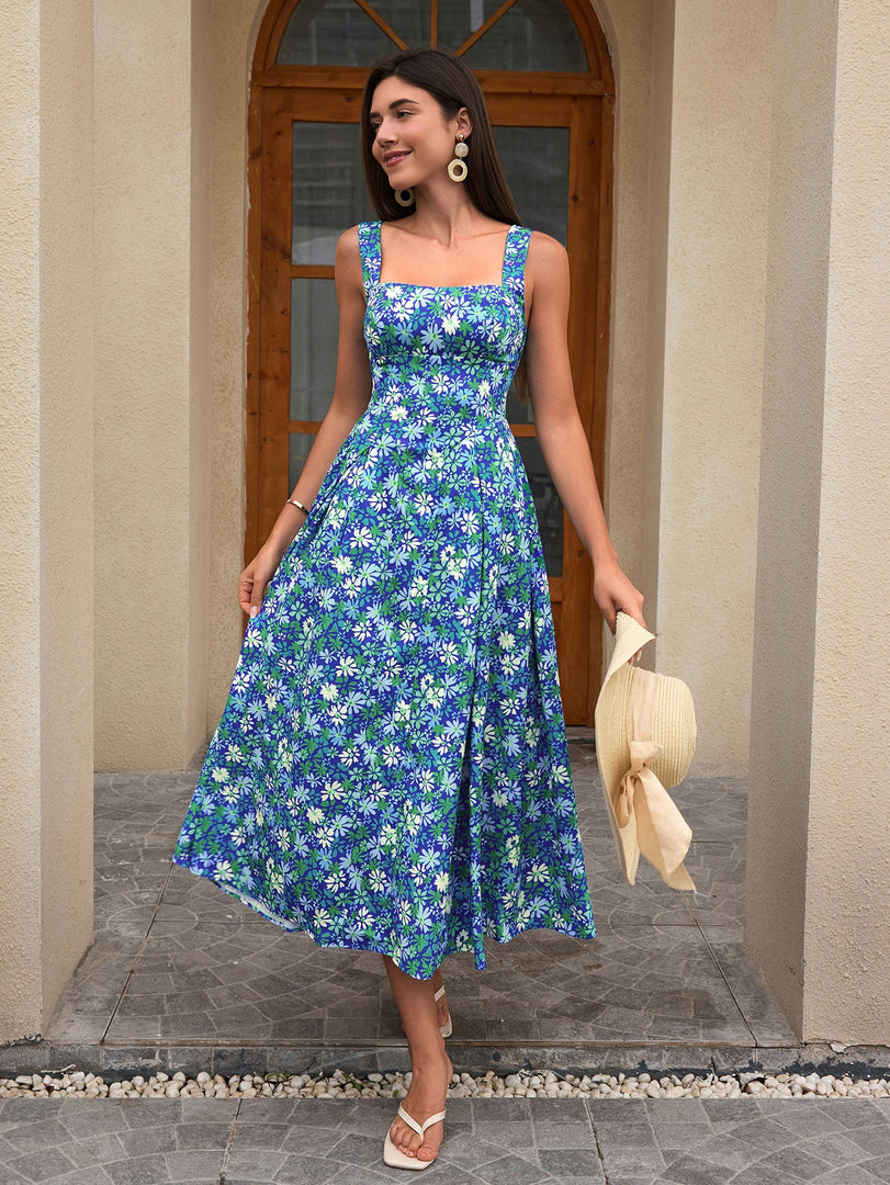 Crisscross Tie Back With Pockets Floral Print Long Dress | Wedding Guest Dress, Vacation Dress