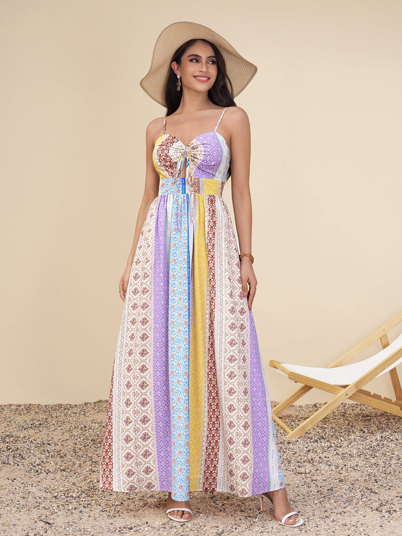Cut Out Bow Tie Front Ruched Floral Print Dress | Wedding Guest Dress, Vacation Dress