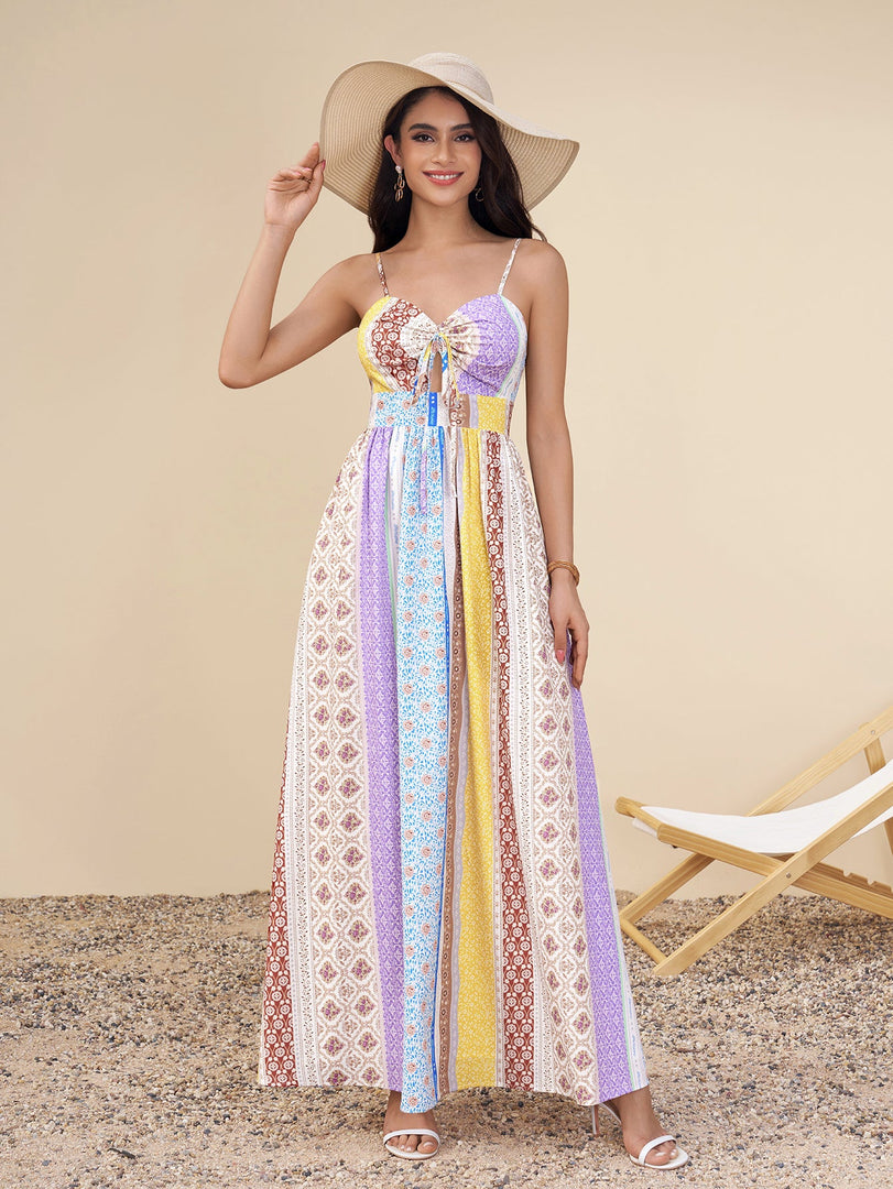 Cut Out Bow Tie Front Ruched Floral Print Dress | Wedding Guest Dress, Vacation Dress
