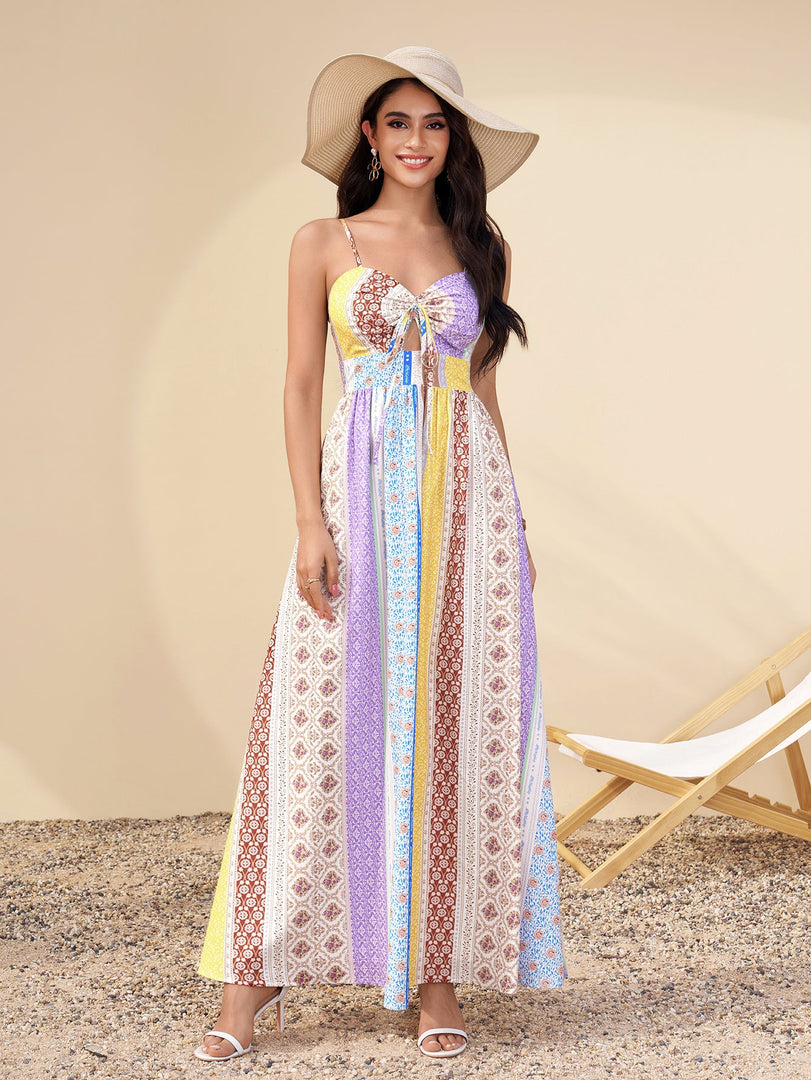 Cut Out Bow Tie Front Ruched Floral Print Dress | Wedding Guest Dress, Vacation Dress
