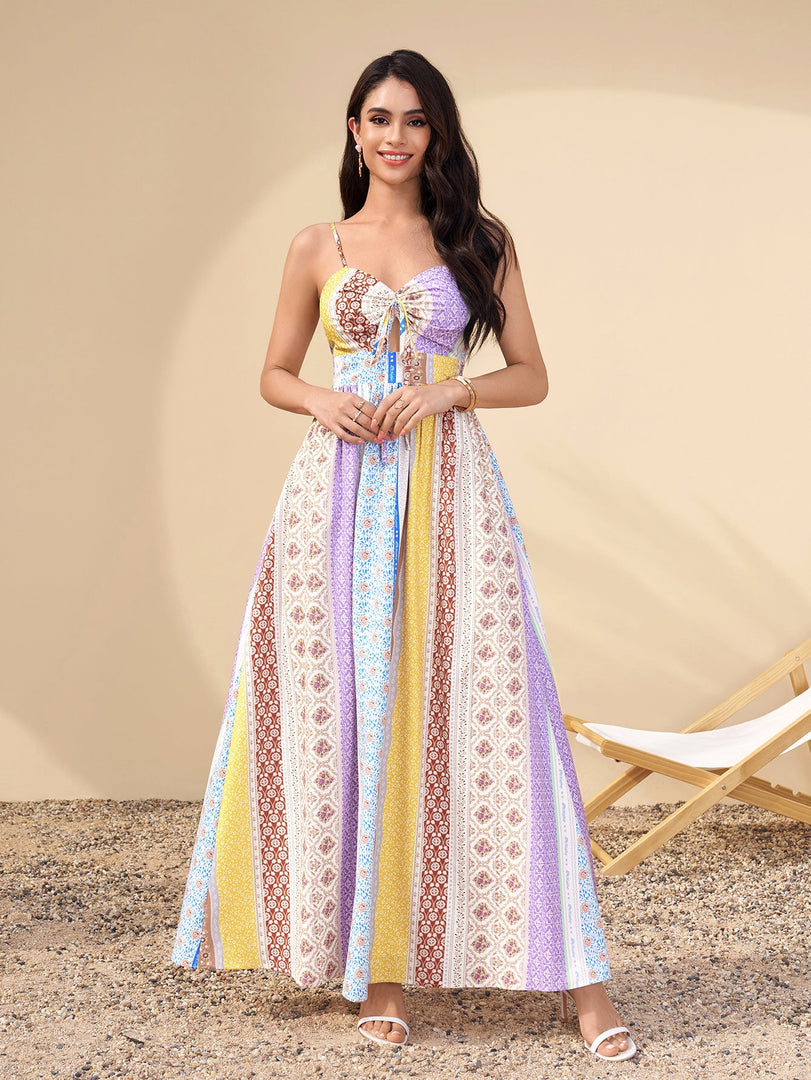 Cut Out Bow Tie Front Ruched Floral Print Dress | Wedding Guest Dress, Vacation Dress