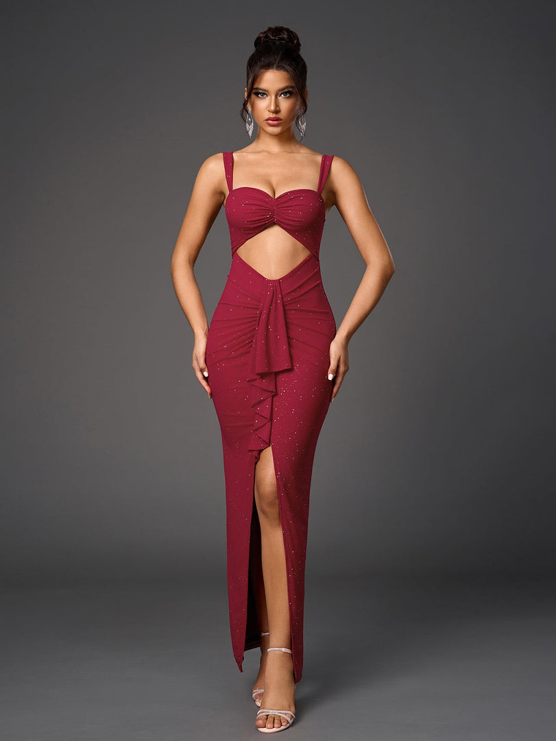 Cut Out Flounce Trim Ruched Glitter Mesh Dress | Cocktail Dress