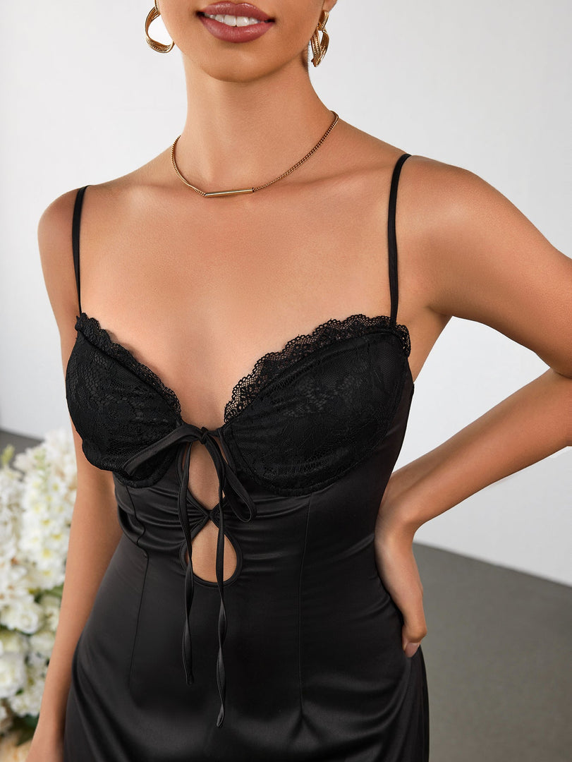 Cut Out Lace Bust Patchwork Satin Cami Dress | Formal Dress