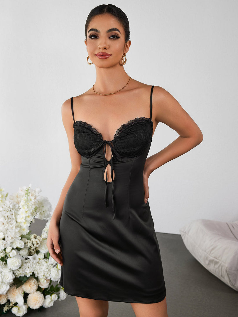 Cut Out Lace Bust Patchwork Satin Cami Dress | Formal Dress