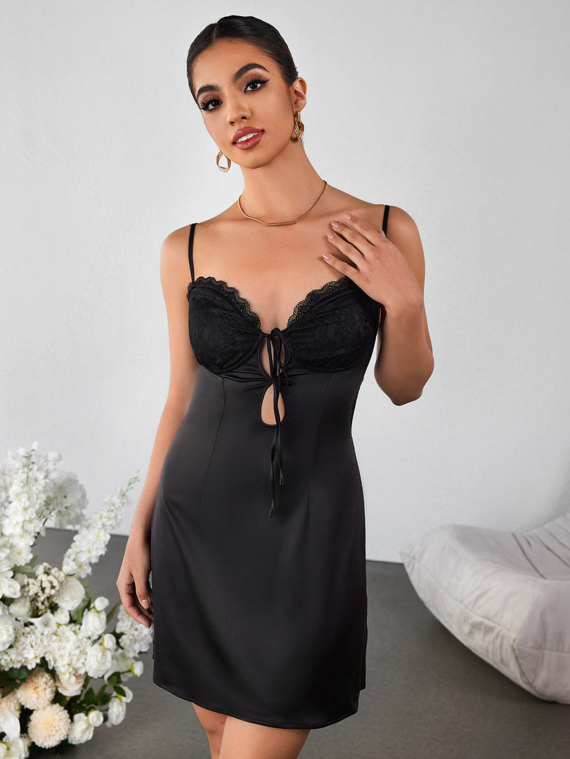 Cut Out Lace Bust Patchwork Satin Cami Dress | Formal Dress