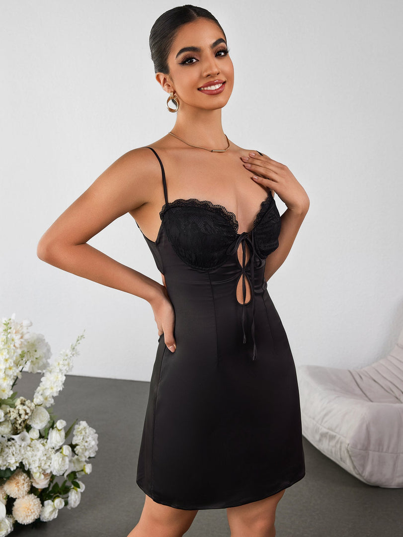 Cut Out Lace Bust Patchwork Satin Cami Dress | Formal Dress