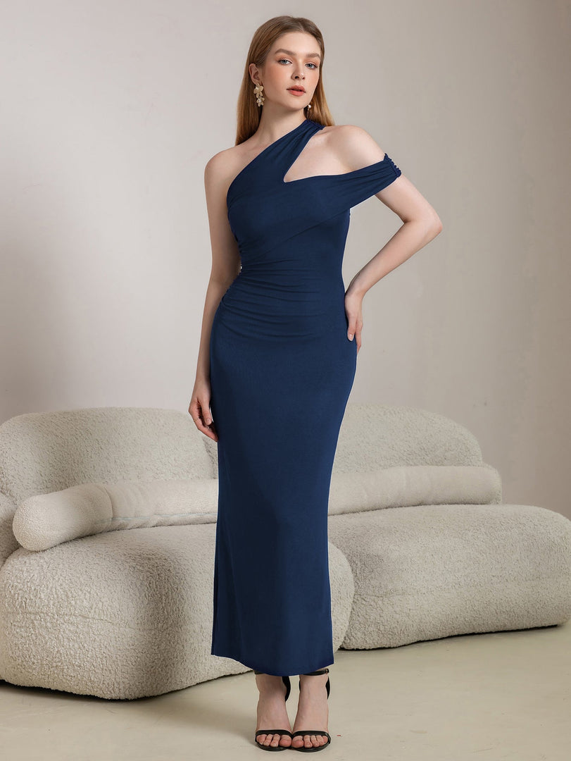 Cut Out One Shoulder Ruched Bodycon Long Dress | Bridesmaid Dress