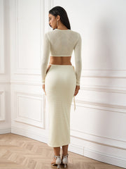 Cut Out Tie Front Crop Top&Bandage Bodycon Knitted Set | Homecoming & Cocktail Party Two-Piece Set