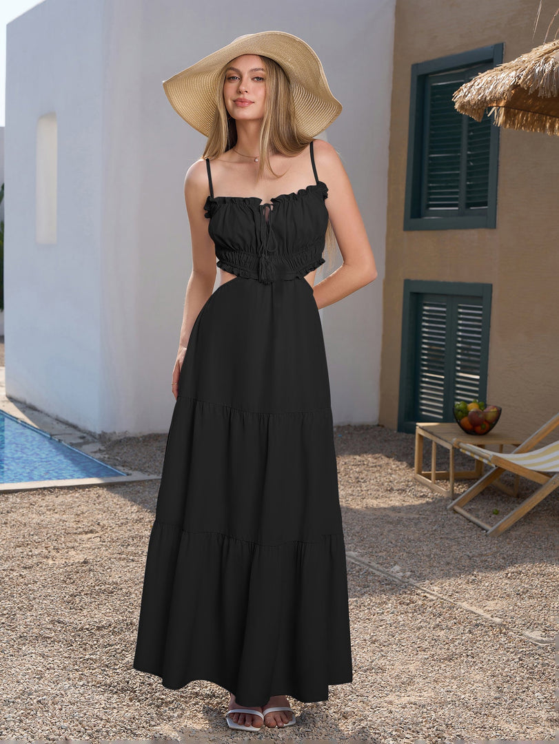 Cut Out Tie Front Flounce Trim Solid Cami Dress | Bridesmaid Dress