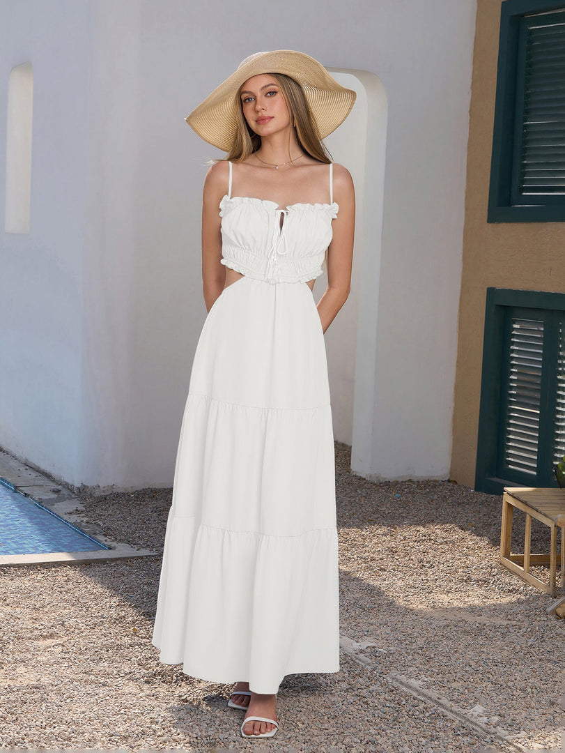 Cut Out Tie Front Flounce Trim Solid Cami Dress | Bridesmaid Dress