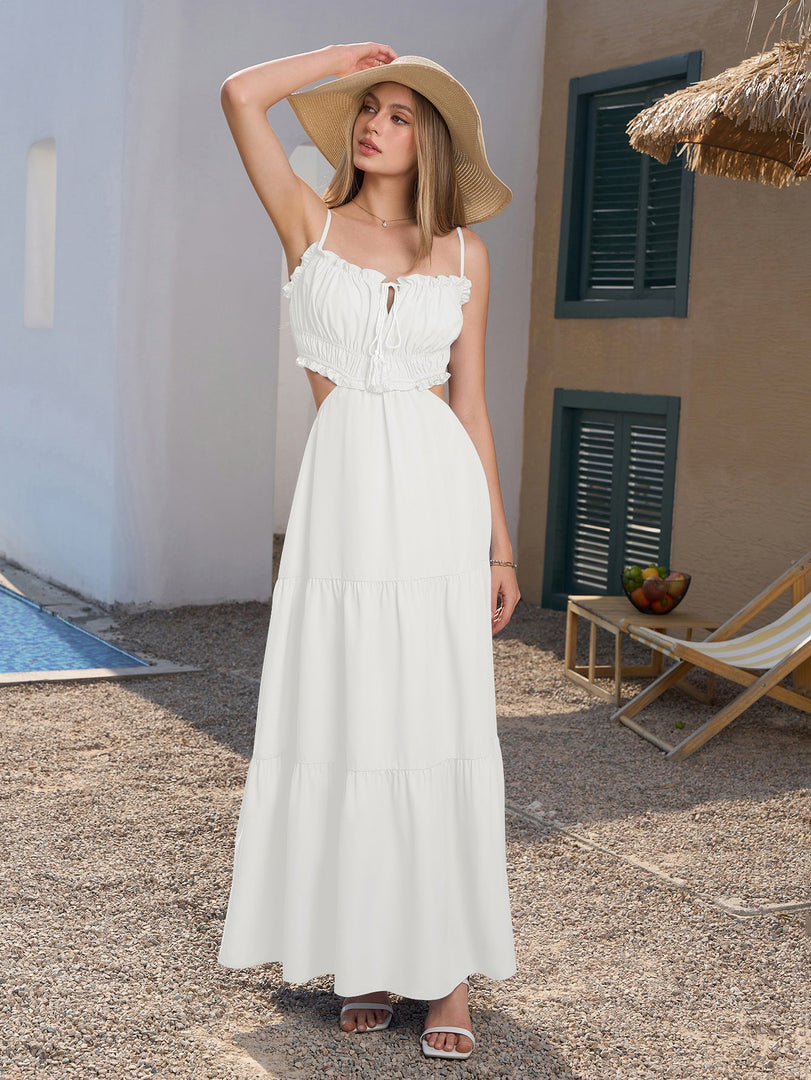Cut Out Tie Front Flounce Trim Solid Cami Dress | Bridesmaid Dress