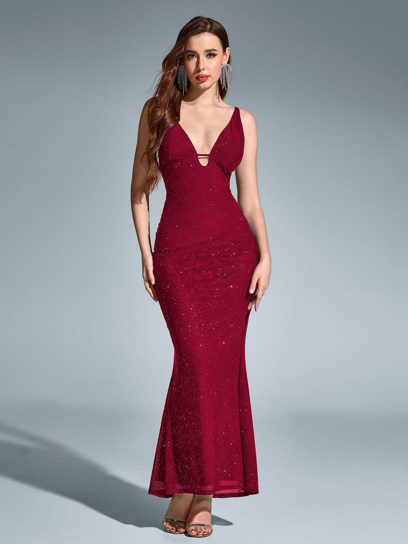 Deep V-Neck Backless Mermaid Mesh Sequin Dress | Homecoming Dress