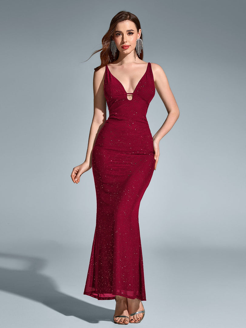 Deep V-Neck Backless Mermaid Mesh Sequin Dress | Homecoming Dress