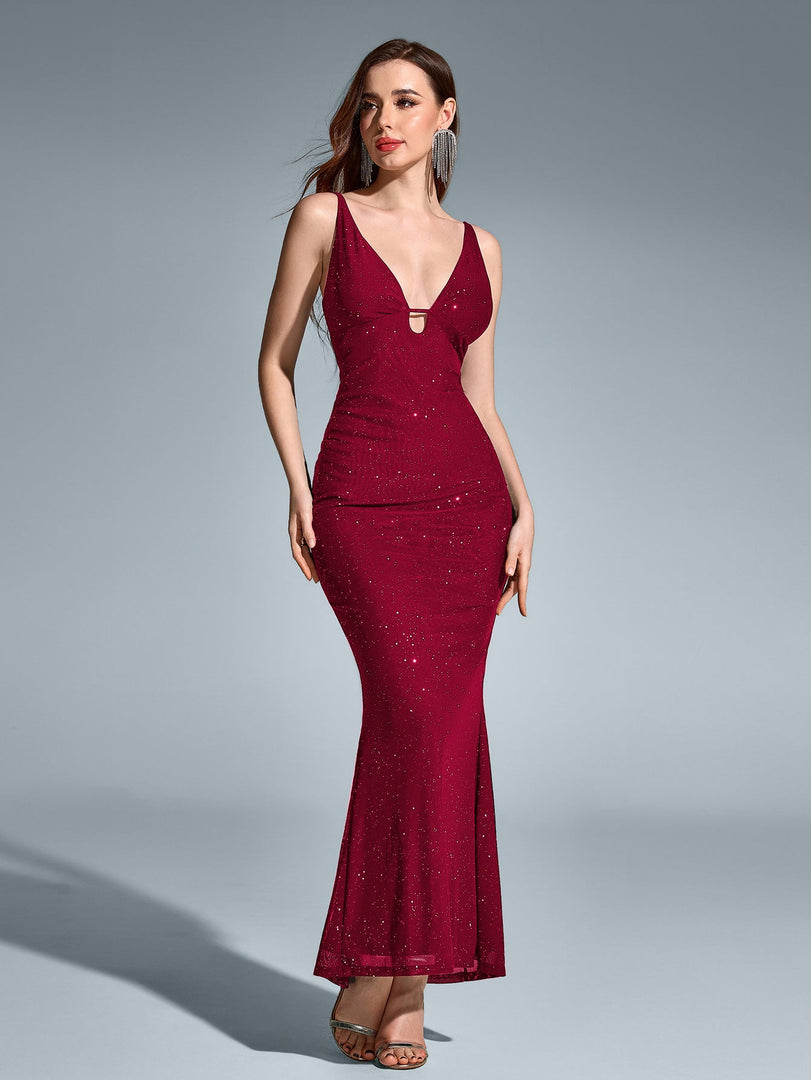 Deep V-Neck Backless Mermaid Mesh Sequin Dress | Homecoming Dress