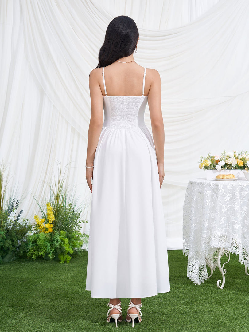 Deep V-Neck Backless Ruched Pocket Cami Dress | Vacation Dress