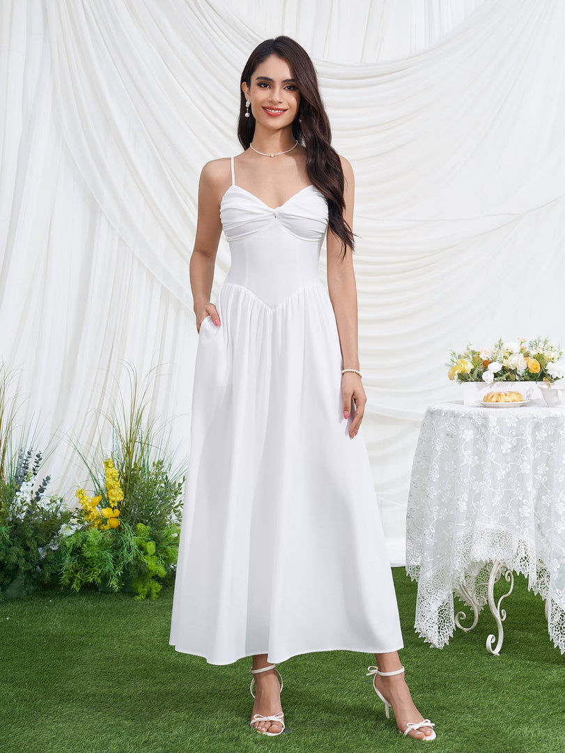 Deep V-Neck Backless Ruched Pocket Cami Dress | Vacation Dress