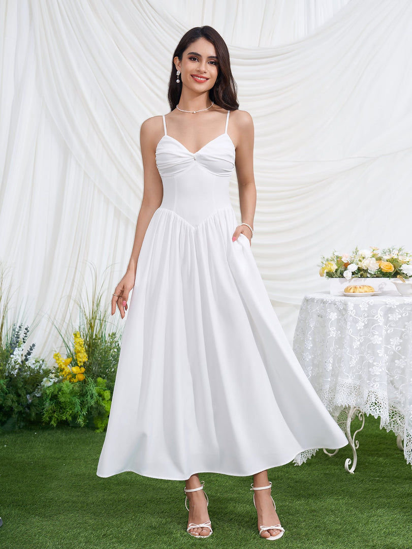 Deep V-Neck Backless Ruched Pocket Cami Dress | Vacation Dress